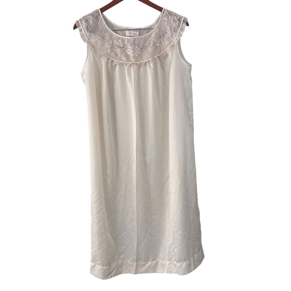 Vtg Barbizon Celeste Womens Nightgown M Satin Cream Lace Trim Floral Appliqué